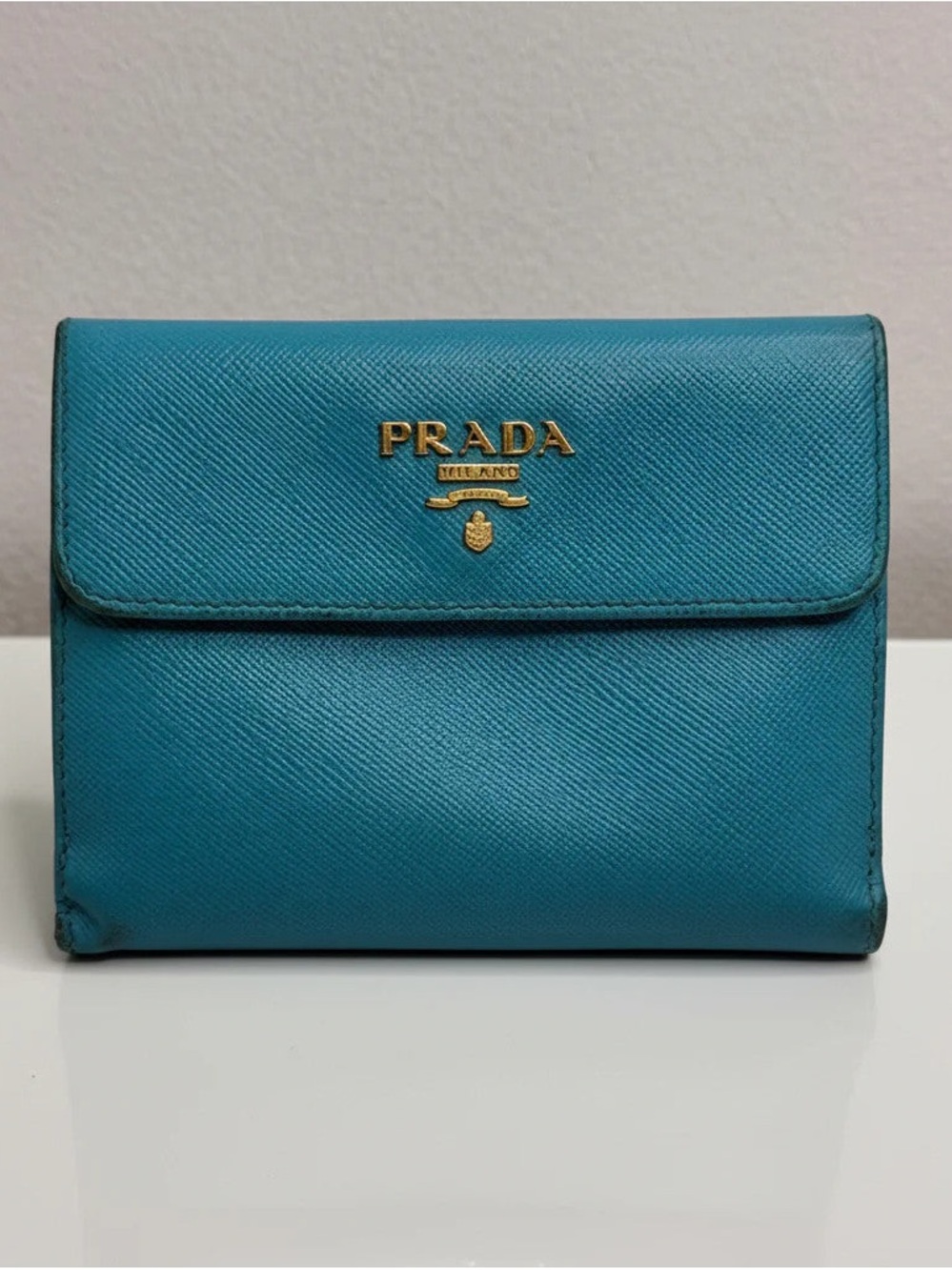 Prada Teal Saffiano Leather Card Case with Gold Hardware